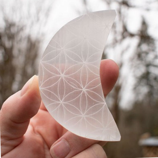 Moon Phase Engraved Selenite - Flower of Life - Muse + Moonstone